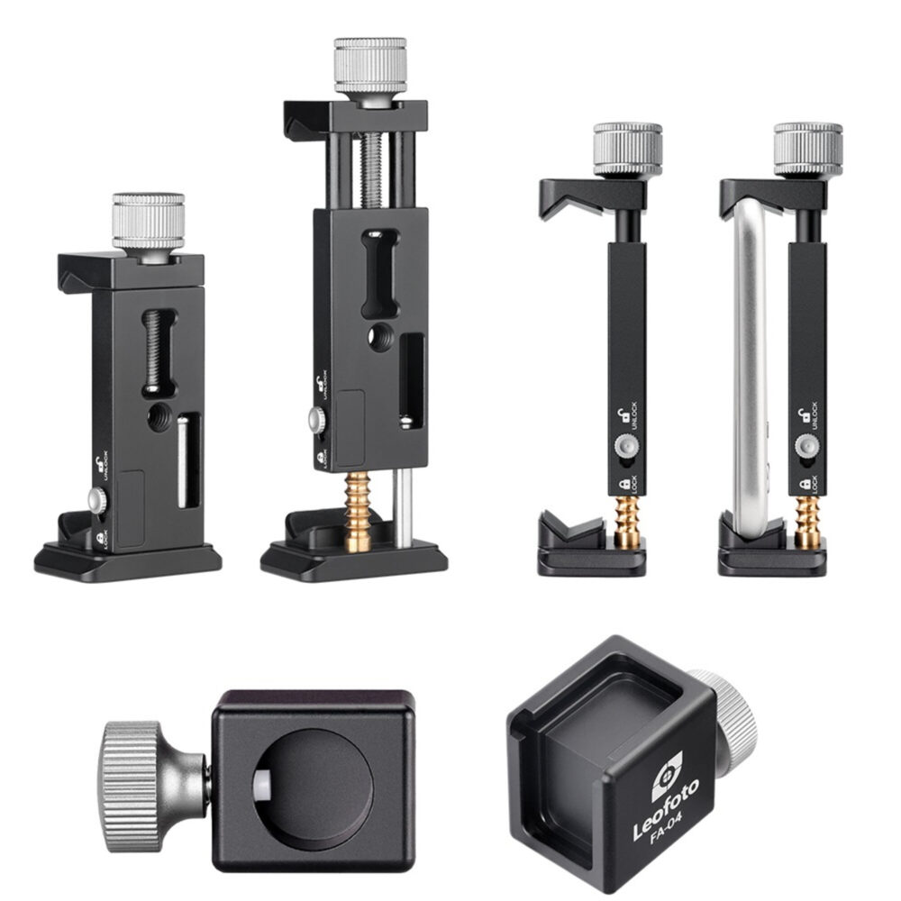 Leofoto VC‑2 dubbele handgreep losse onderdelen met palissander grepen, bovenrail, smartphonehouder en flitsschoen-adapter.