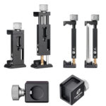 Leofoto VC‑2 dubbele handgreep losse onderdelen met palissander grepen, bovenrail, smartphonehouder en flitsschoen-adapter.