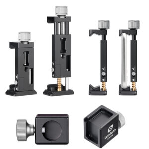 Leofoto VC‑2 dubbele handgreep losse onderdelen met palissander grepen, bovenrail, smartphonehouder en flitsschoen-adapter.