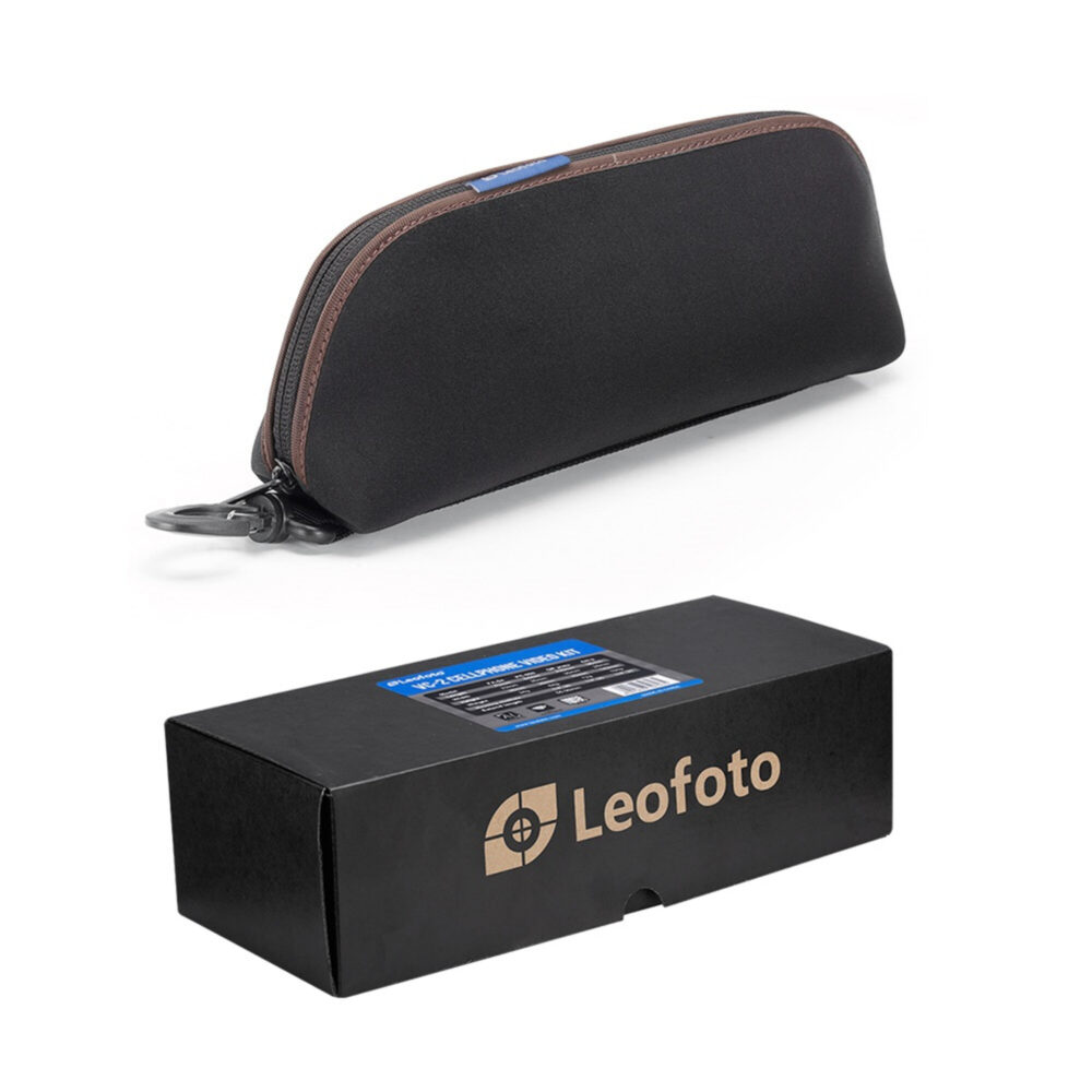 Leofoto VC‑2 dubbele handgreep draagetui naast Leofoto-doos als complete MOJO-setverpakking.