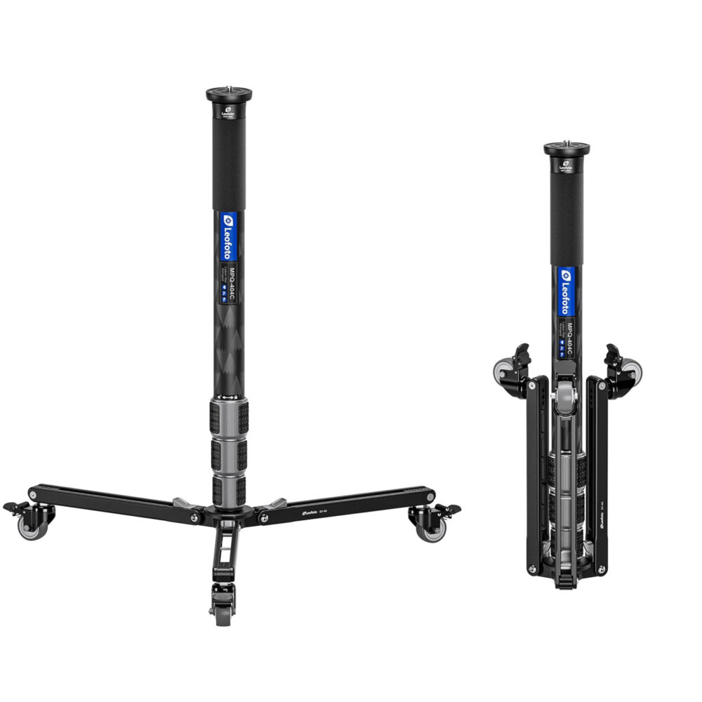 Leofoto DY‑40 statiefvoet bevestigd aan Leofoto monopod met volledig uitgeklapte poten en ingeklapte transportstand.
