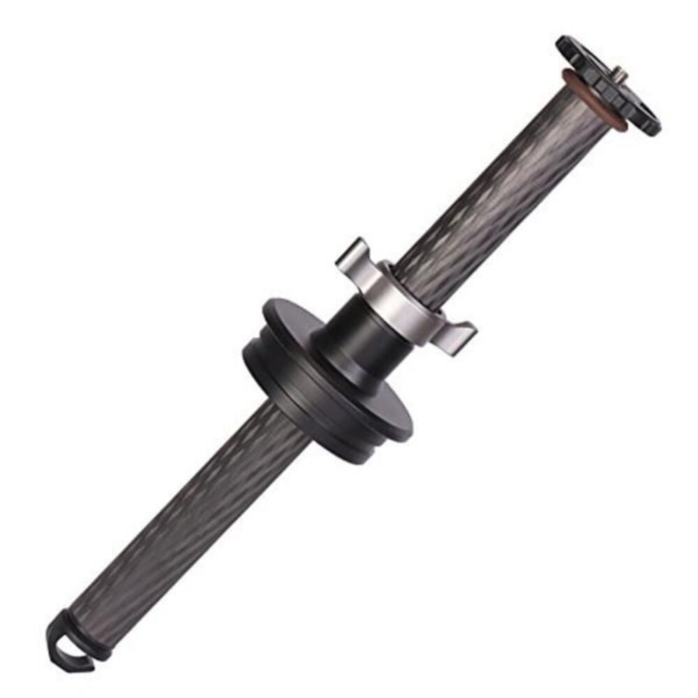 Leofoto DC404C middenzuil diagonale weergave van carbon kolom met zwarte basis en zilveren kraag.