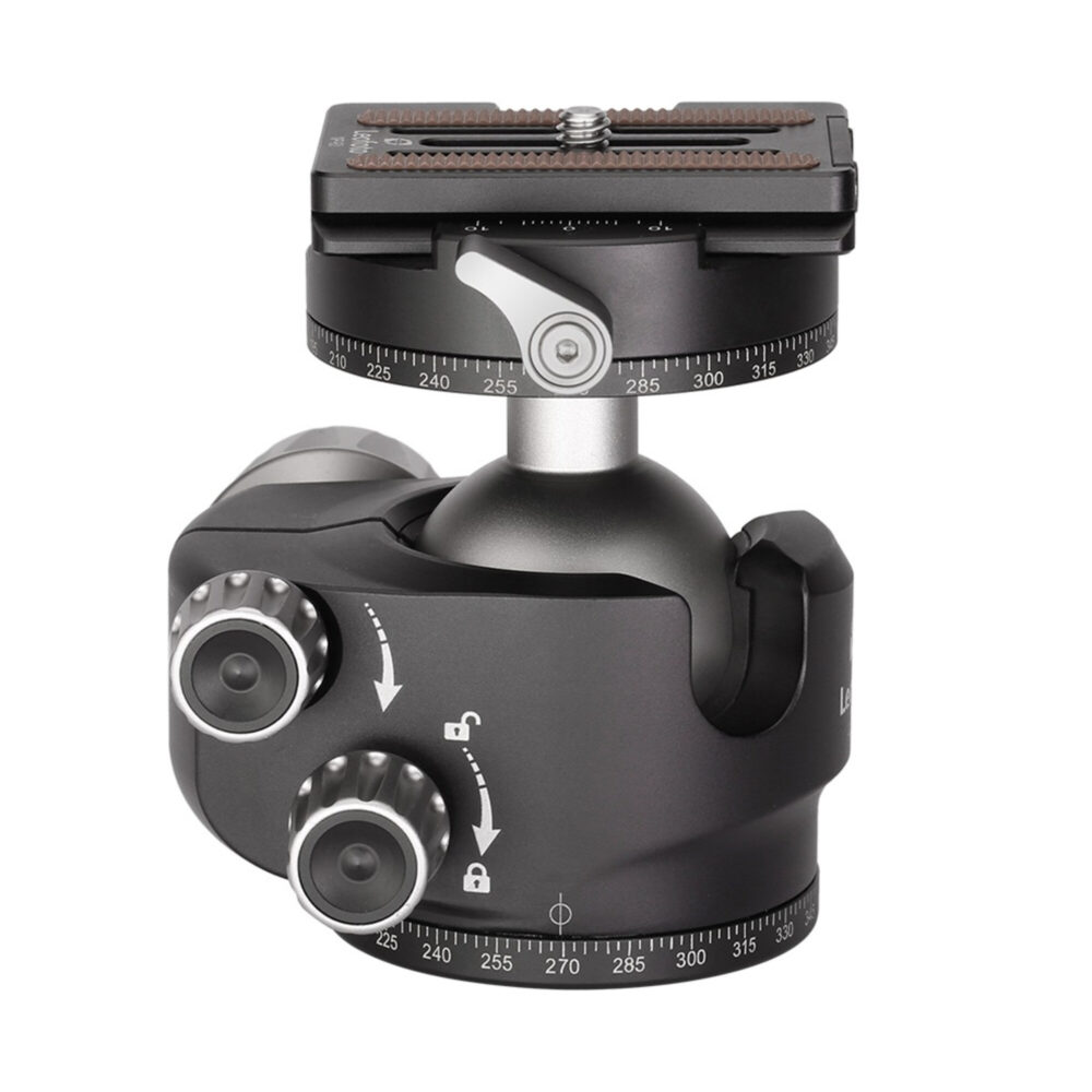 Leofoto LH-40R statiefkogelkop zijaanzicht met twee verstelknoppen voor frictie en panning op ronde basis.