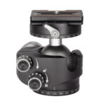 Leofoto LH-40R statiefkogelkop zijaanzicht met twee verstelknoppen voor frictie en panning op ronde basis.