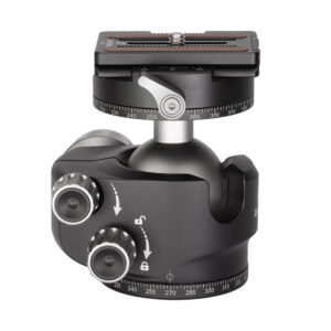 Leofoto LH-40R statiefkogelkop zijaanzicht met twee verstelknoppen voor frictie en panning op ronde basis.