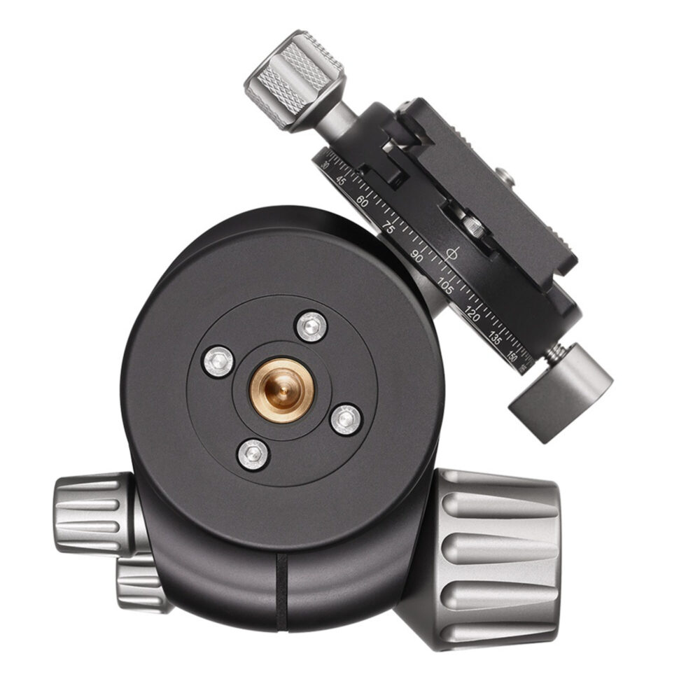 Leofoto LH-40R statiefkogelkop onderaanzicht met 3/8-inch statiefaansluiting en schuin geplaatste snelwisselplaat.