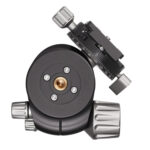 Leofoto LH-40R statiefkogelkop onderaanzicht met 3/8-inch statiefaansluiting en schuin geplaatste snelwisselplaat.
