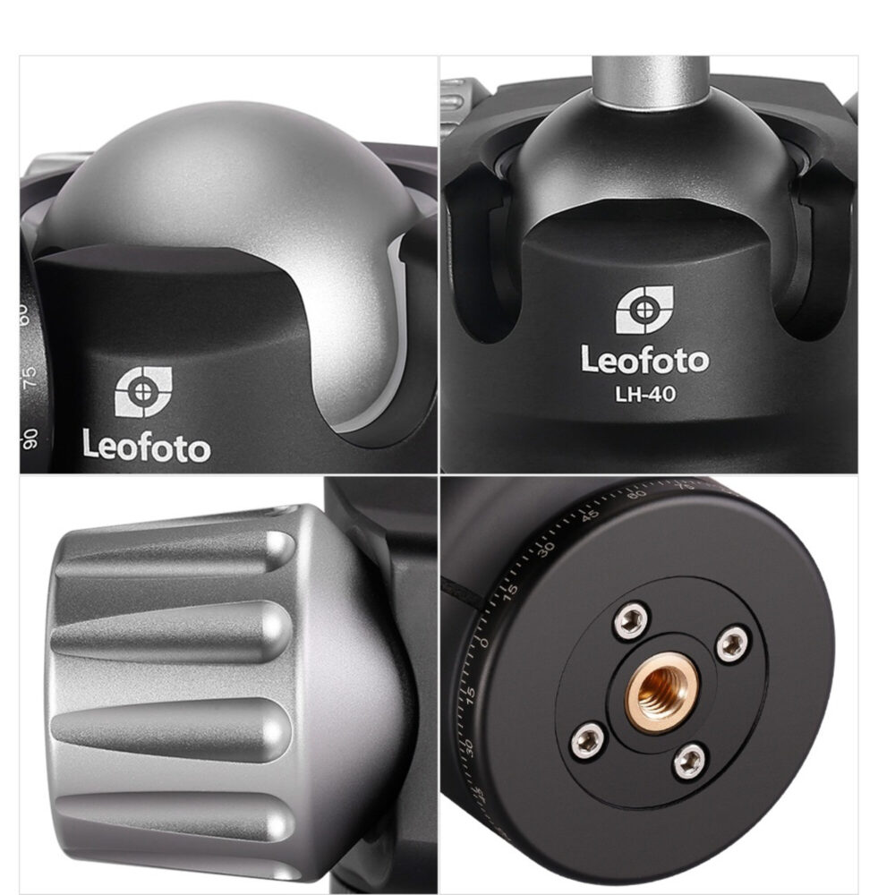 Leofoto LH-55 statiefkogelkop detailcollage van kogel, logo, geribbelde knoppen en basis met koperinzet.