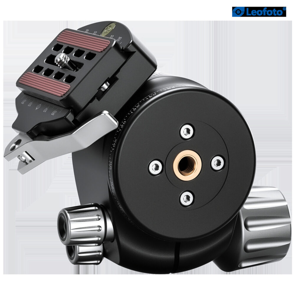 Leofoto LH-55LR statiefkogelkop schuin onderaanzicht met ronde basis en 3/8-inch statiefaansluiting.