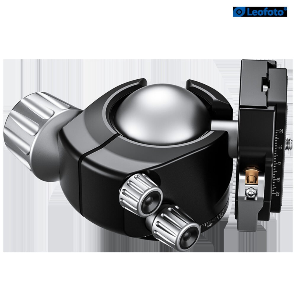 Leofoto LH-55LR statiefkogelkop horizontale weergave met kogel in extreme kantelpositie voor maximale flexibiliteit.