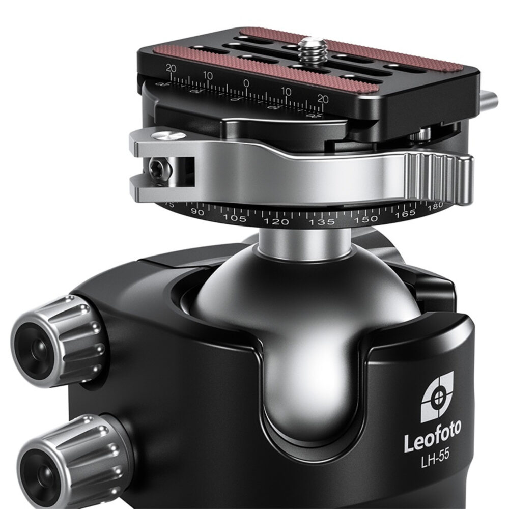 Leofoto LH-55PCL statiefkogelkop schuin zijaanzicht met duidelijk zicht op kogel, panoramaring en snelklem.