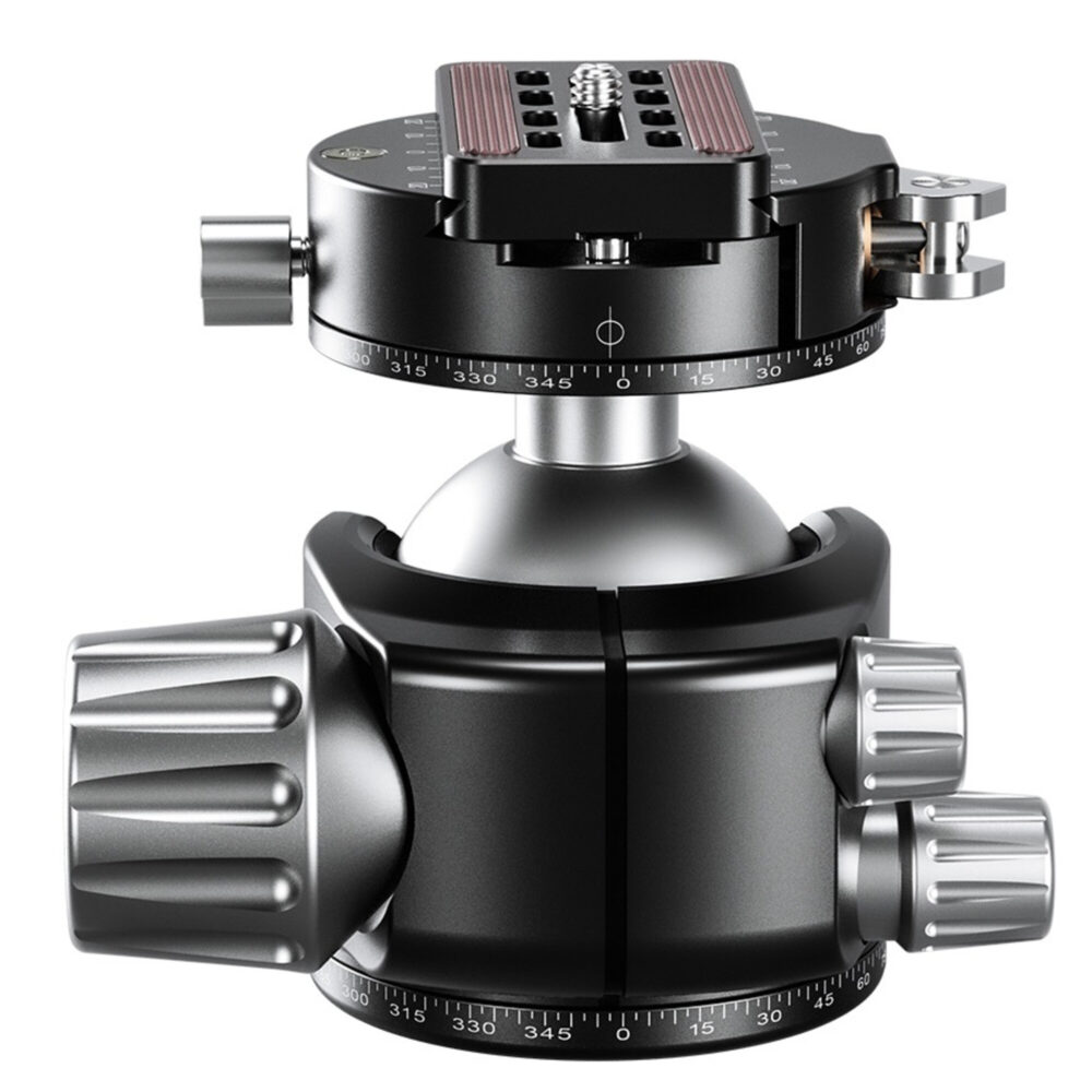 Leofoto LH-55PCL statiefkogelkop liggend zijaanzicht met ver naar voren gekantelde klem en zicht op 55mm kogel.