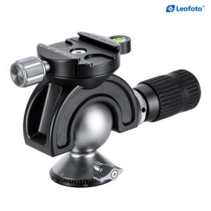 Leofoto MH-35 statiefkogelkop zijaanzicht met meerdere transparante posities die de grote kantelhoek tonen.