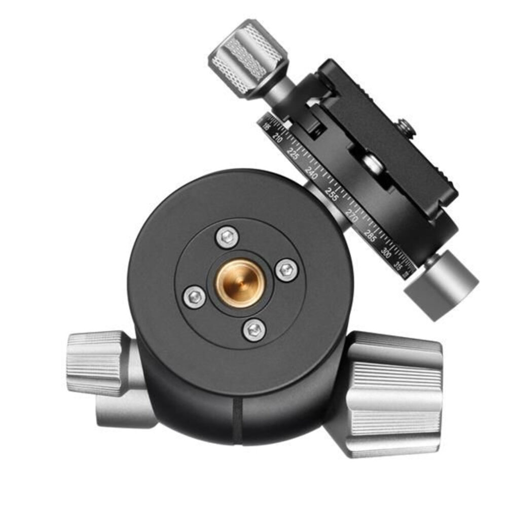 Leofoto LH-36 statiefkogelkop onderaanzicht met 3/8-inch statiefaansluiting en schuin geplaatste QP-70N klem.