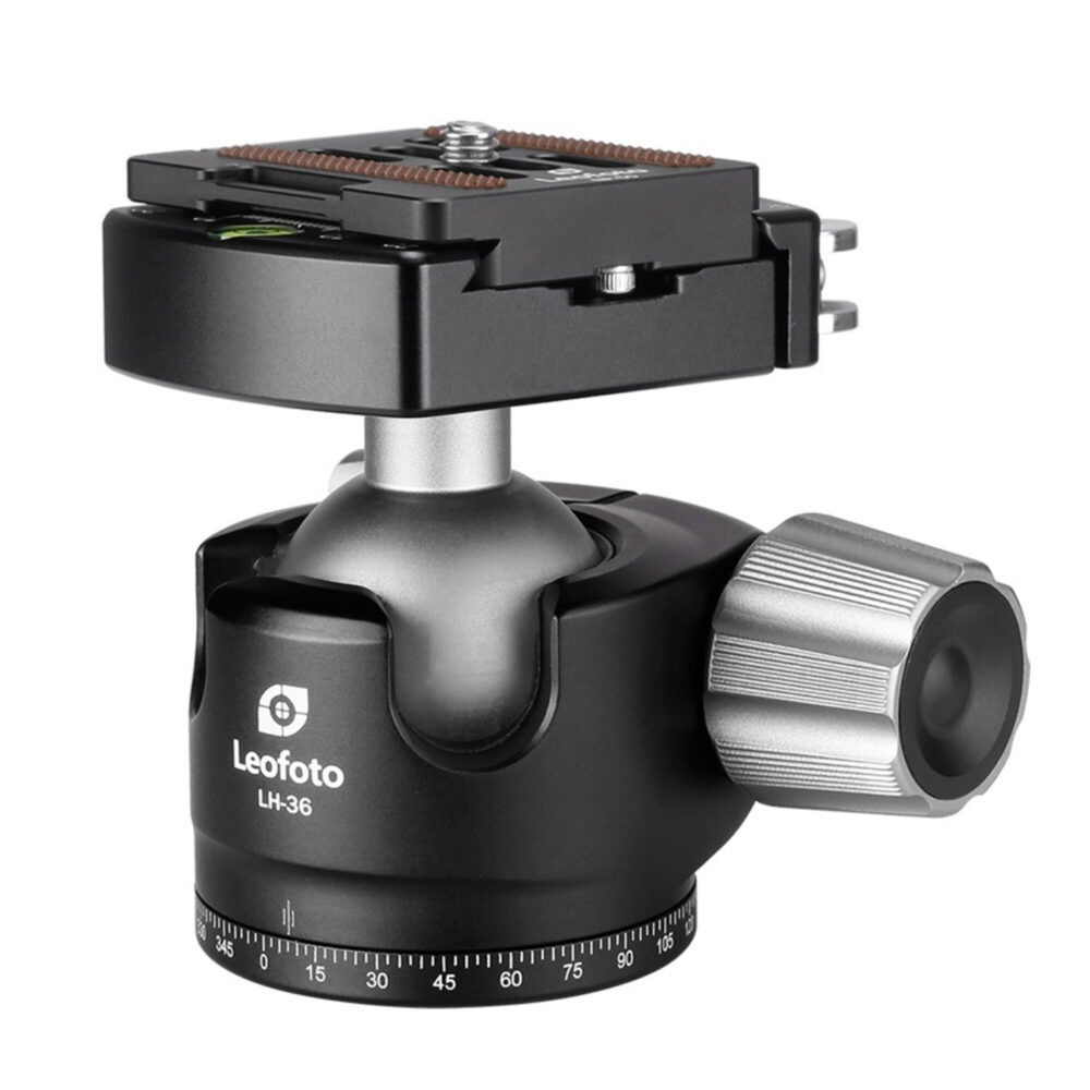 Leofoto LH-36LR statiefkogelkop achteraanzicht met zilveren kogel, grote hoofdknop en compacte basis.