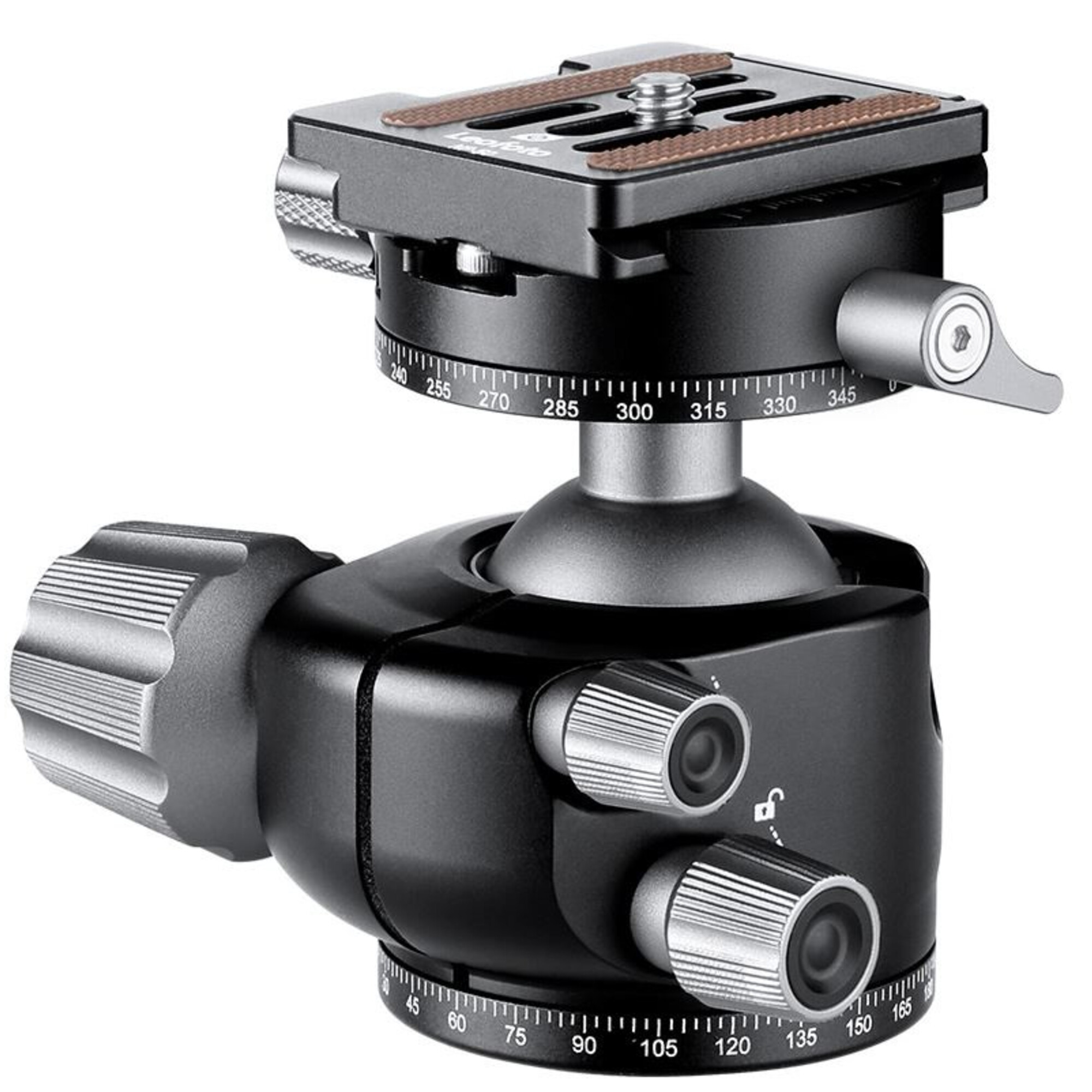 Leofoto LH-36R statiefkogelkop zijaanzicht met compacte 36mm kogel, frictieknop en Arca-Swiss klem.