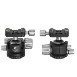 Leofoto-Tripod-ball-head-LH-40-quick-release-plate-QP-70N-1 Leofoto LH‑40 statiefkogelkop voor- en zijaanzicht naast elkaar om formaat en bedieningknoppen te tonen.
