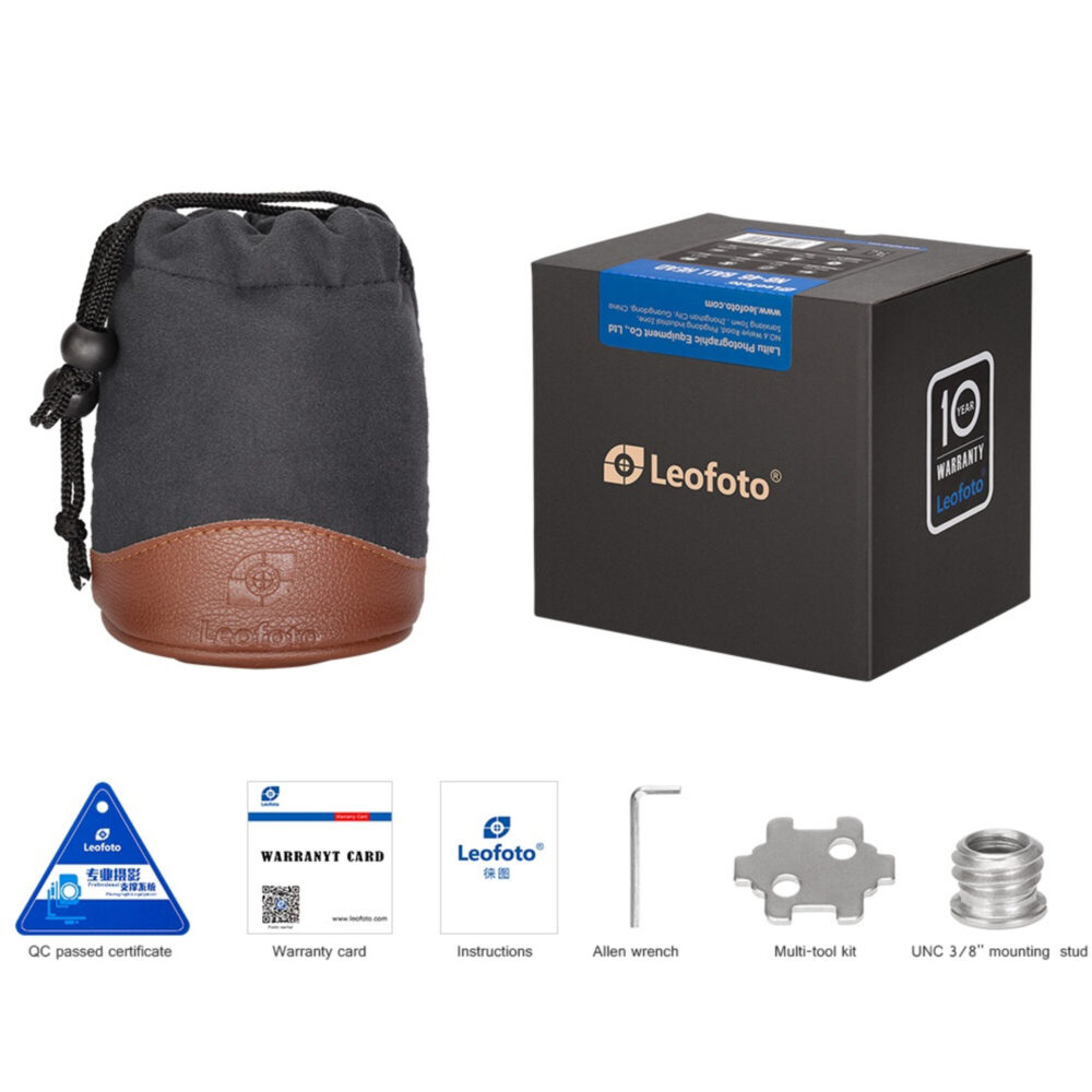 Leofoto LH‑40 statiefkogelkop complete set met kogelkop, QP‑70N plaat, draagtas, doos, gereedschap en adapter.