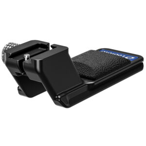 Leofoto CF-07 objectiefvoet zijaanzicht laag perspectief dat de ergonomische handsteun en klemvorm toont.