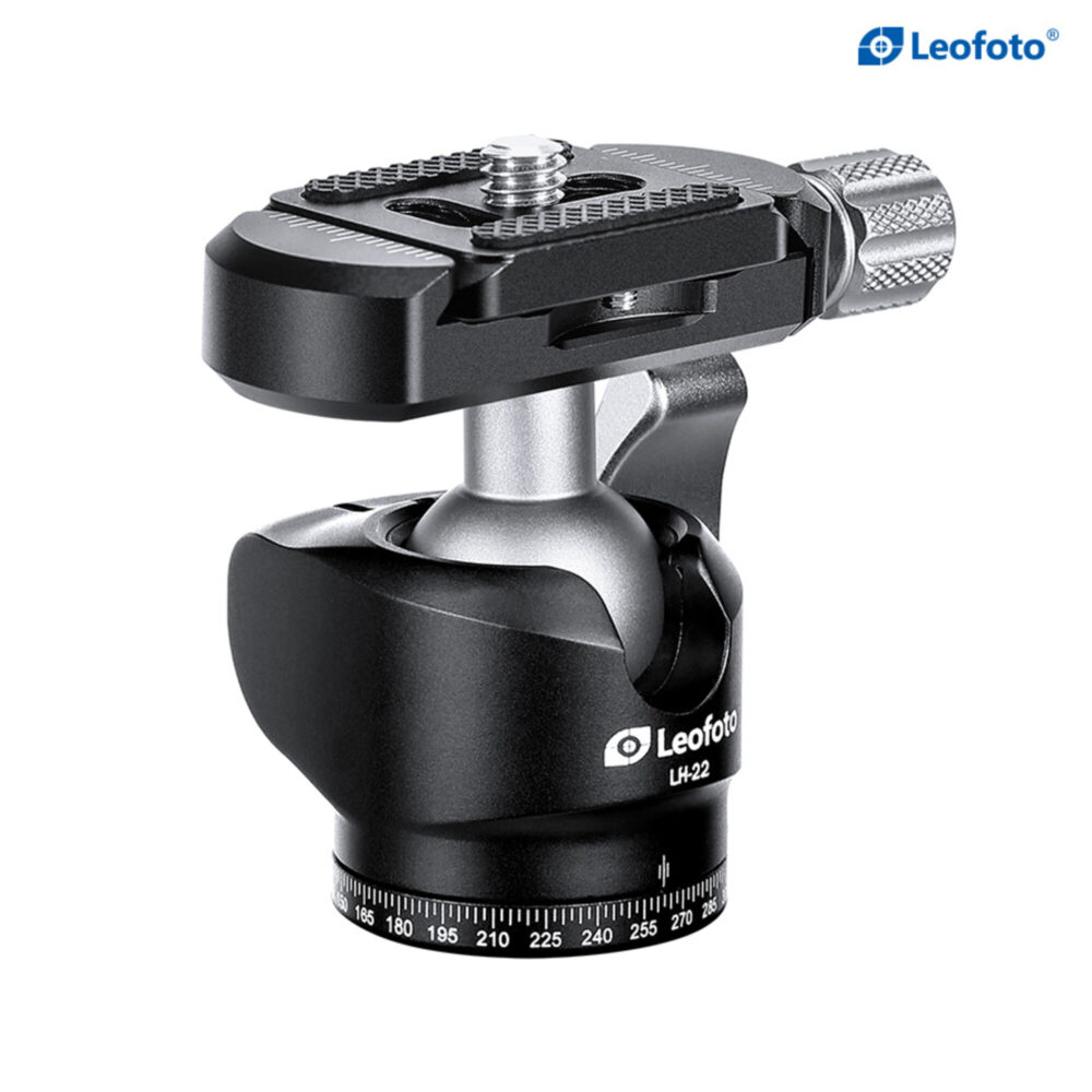Leofoto LH-22 + PU-25 statiefkogelkop zijaanzicht met grote ergonomische vergrendelknop en compacte 22mm kogel.