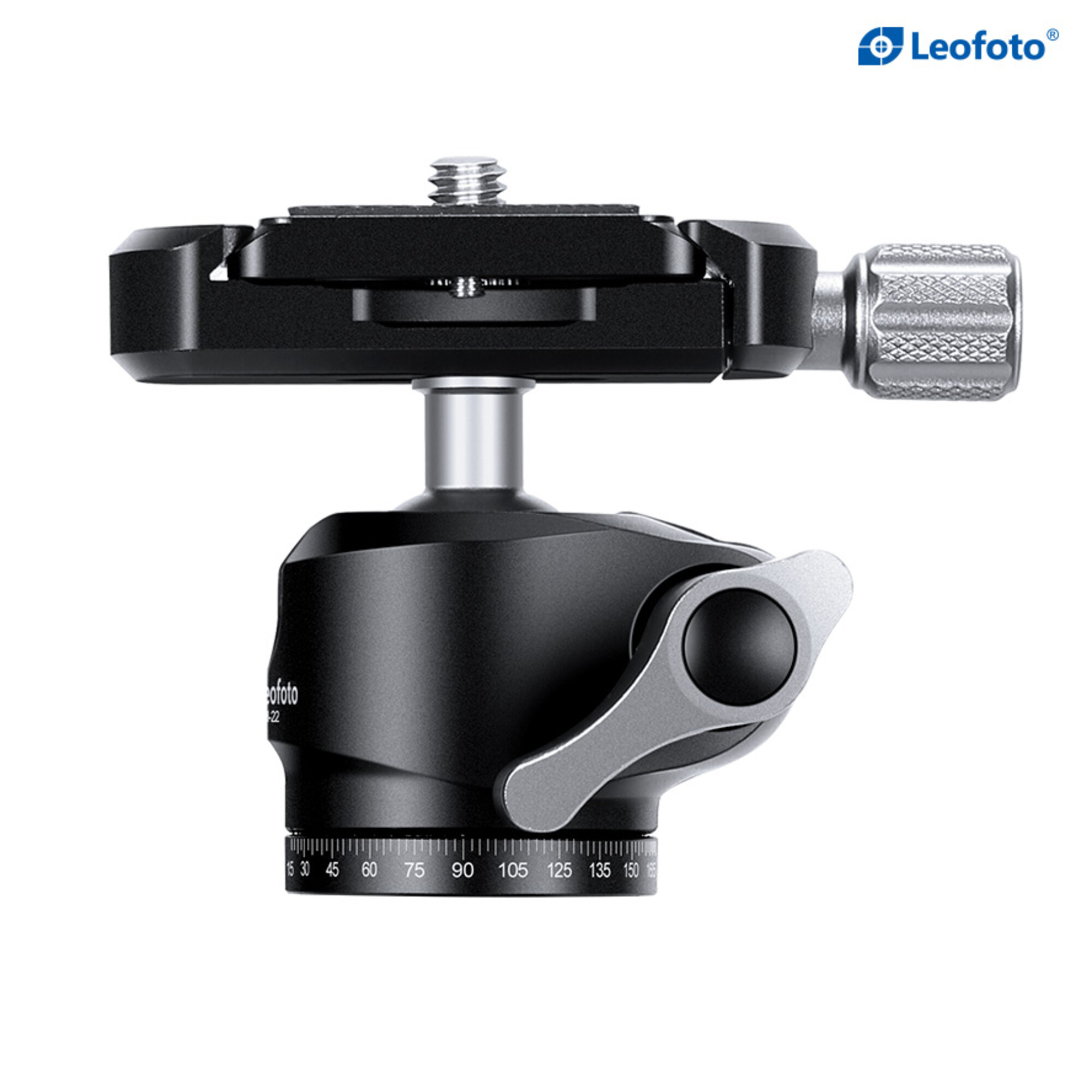 Leofoto LH-22 + PU-25 statiefkogelkop diagonaal zijaanzicht met gekantelde kogel voor verticale camerastand.