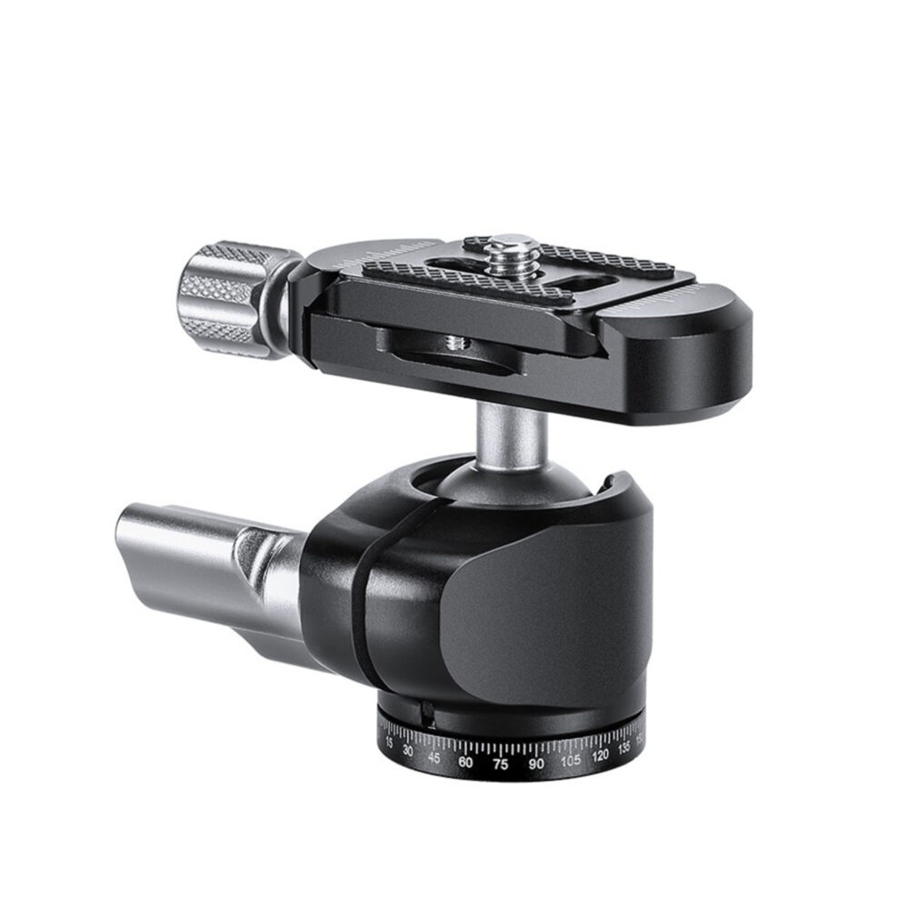 Leofoto LH-22 + PU-25 statiefkogelkop liggend perspectief met kogel ver gekanteld en klem boven de basis.