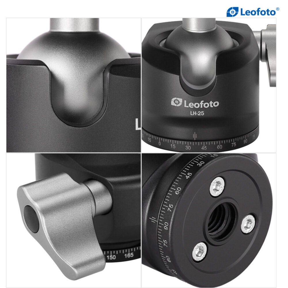Leofoto LH-25 statiefkogelkop detailcollage van kogelhuis, Leofoto-logo, panoramaring en 3/8-inch schroefdraad.