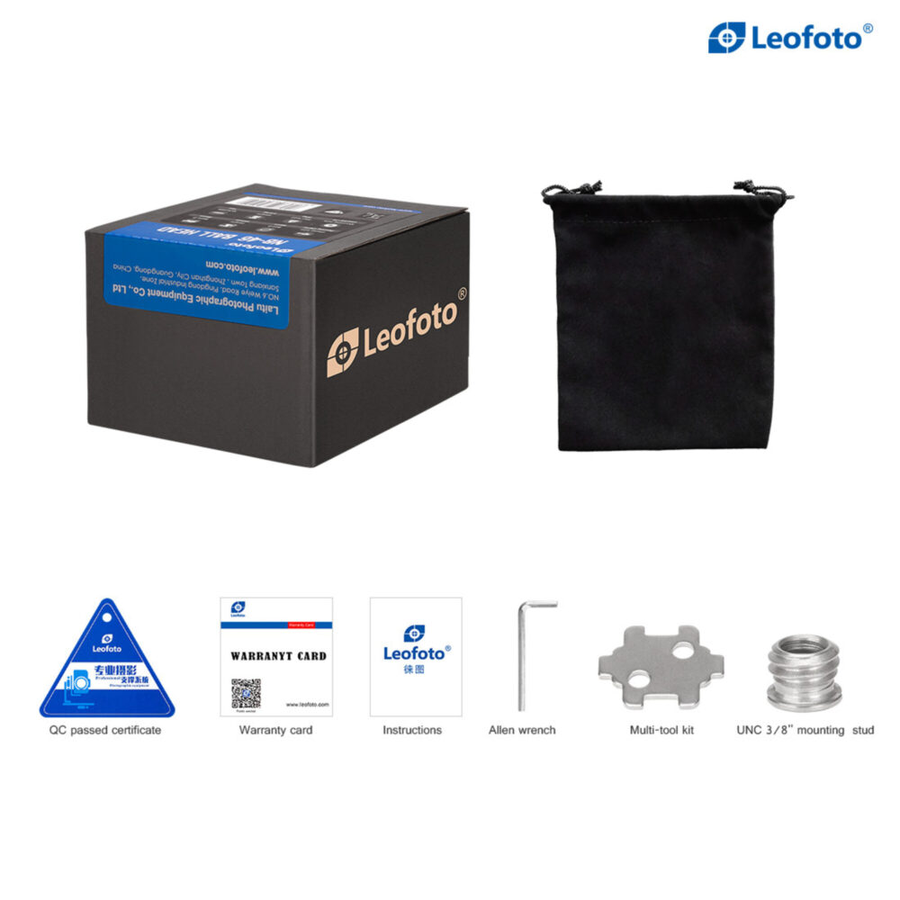 Leofoto LH-25 statiefkogelkop complete set met productdoos, zwart opbergtasje, gereedschap en adapters.