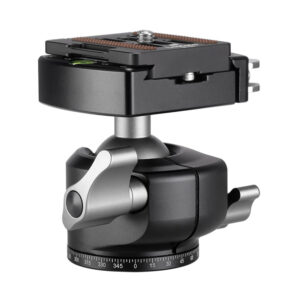 Leofoto LH-30LR statiefkogelkop zijaanzicht met gesloten Arca-Swiss hefboomklem, 30mm kogel en grote vergrendelknop.