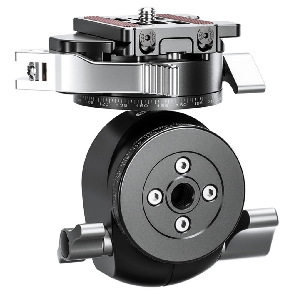 Leofoto LH-30PCL statiefkogelkop onderaanzicht met ronde basis, 3/8-inch statiefaansluiting en bevestigingsschroeven.
