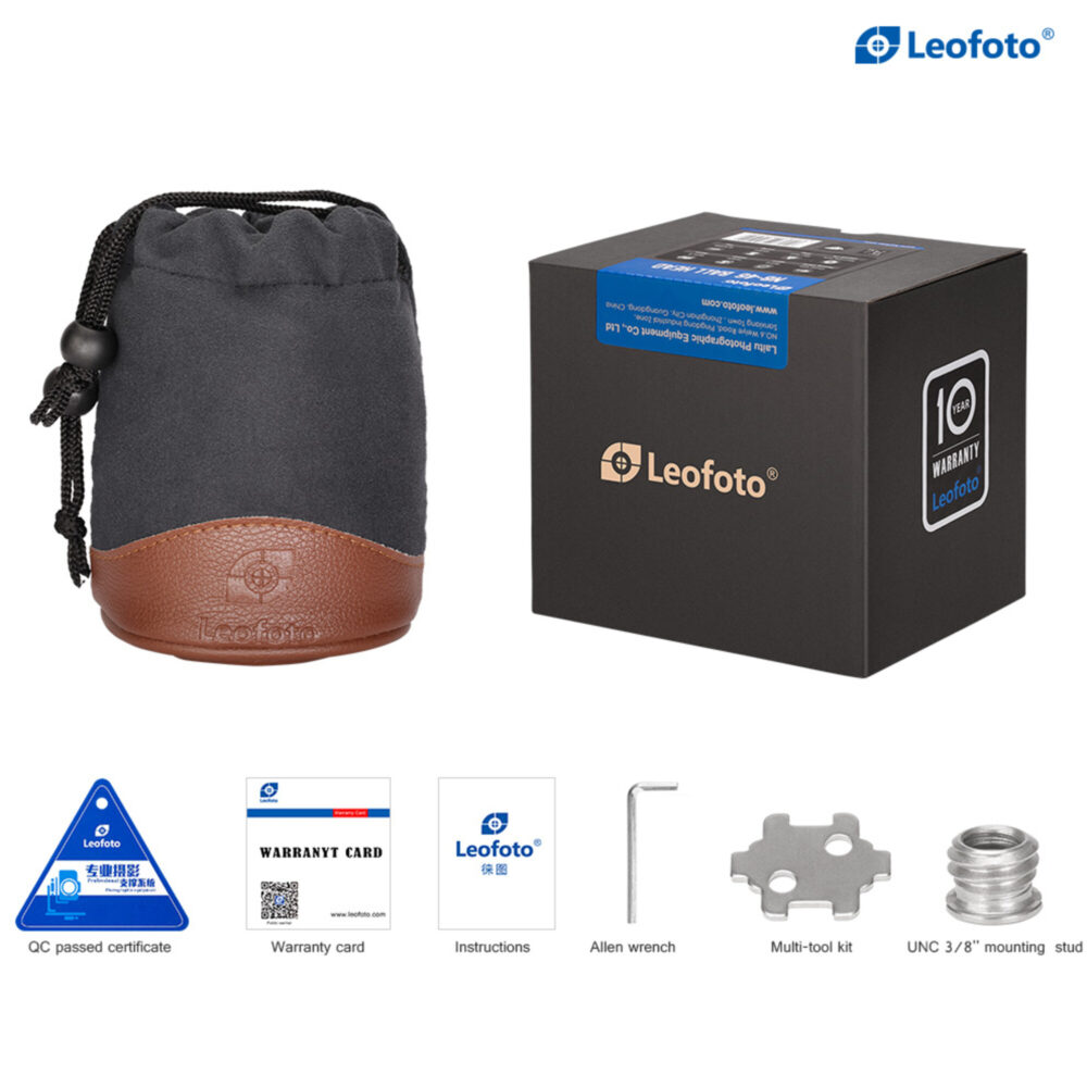 Leofoto LH-30 statiefkogelkop complete set met draagtas, productdoos, gereedschap en adapterringen.