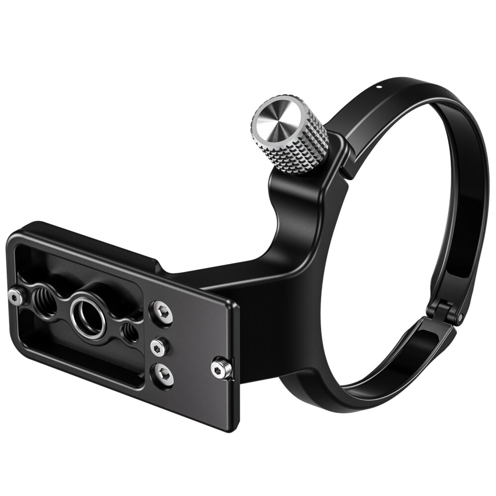 Leofoto CFC-02 Objectiefvoet onderaanzicht van Arca-Swiss zwaluwstaart met 1/4"- en 3/8"-schroefgaten en QD-aansluiting.