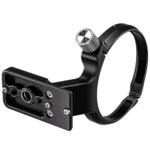 Leofoto CFC-02 Objectiefvoet onderaanzicht van Arca-Swiss zwaluwstaart met 1/4"- en 3/8"-schroefgaten en QD-aansluiting.