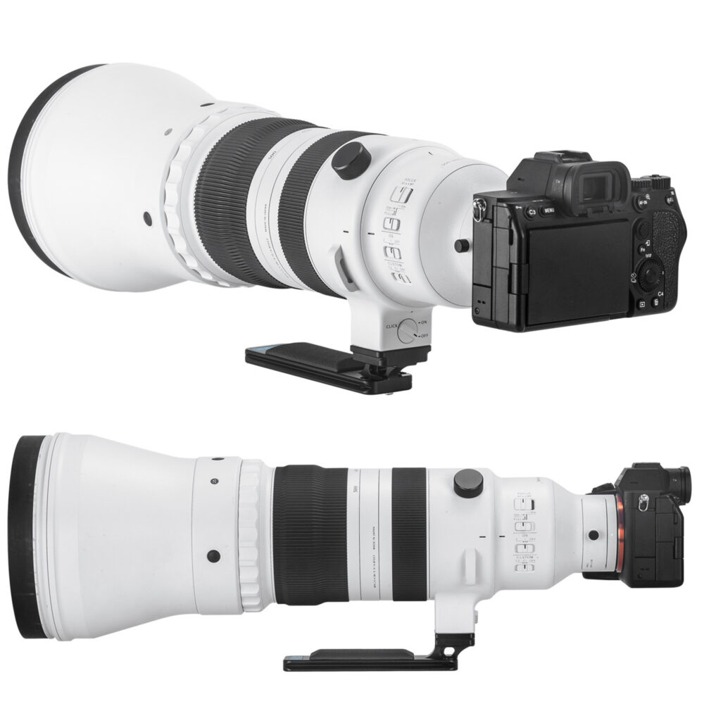 Leofoto SGF-03 objectiefvoet gebruikt onder wit Sigma 300–600mm f/4 DG OS Sport objectief met camera in zijaanzicht.
