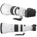 Leofoto-Lens-foot-SGF-03-for-Sigma-300-600mm-f-4-DG-OS-Sport-5 Leofoto SGF-03 objectiefvoet gebruikt onder wit Sigma 300–600mm f/4 DG OS Sport objectief met camera in zijaanzicht.