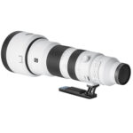 Leofoto SF-04 objectiefvoet gemonteerd onder Sony FE 400–800mm f/6.3–8 G OSS telezoom op statiefkop.