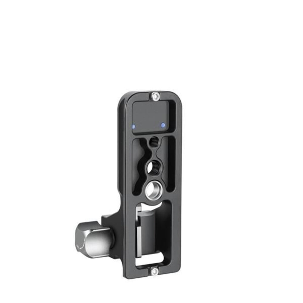 Leofoto SF-01 objectiefvoet zijaanzicht rechtopstaand met zicht op 1/4- en 3/8-inch schroefgaten en draagriemsleuf.
