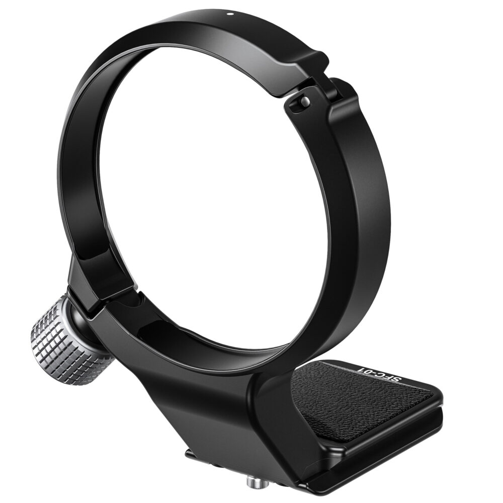 Leofoto SFC-01 objectiefvoet zijaanzicht van ronde kraag met brede siliconen voetplaat voor extra draagcomfort.