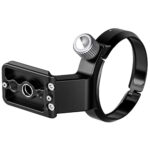 Leofoto SFC-01 objectiefvoet onderaanzicht van basis met Arca-Swiss profiel, 1/4- en 3/8-inch schroefgaten en QD-opening.