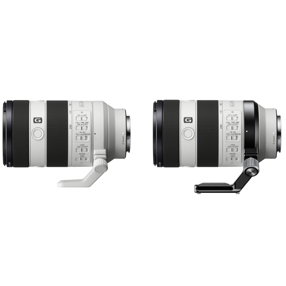 Leofoto SFC-01 objectiefvoet vergelijking van Sony telezoom met originele voet naast versie met gemonteerde SFC-01 kraag.
