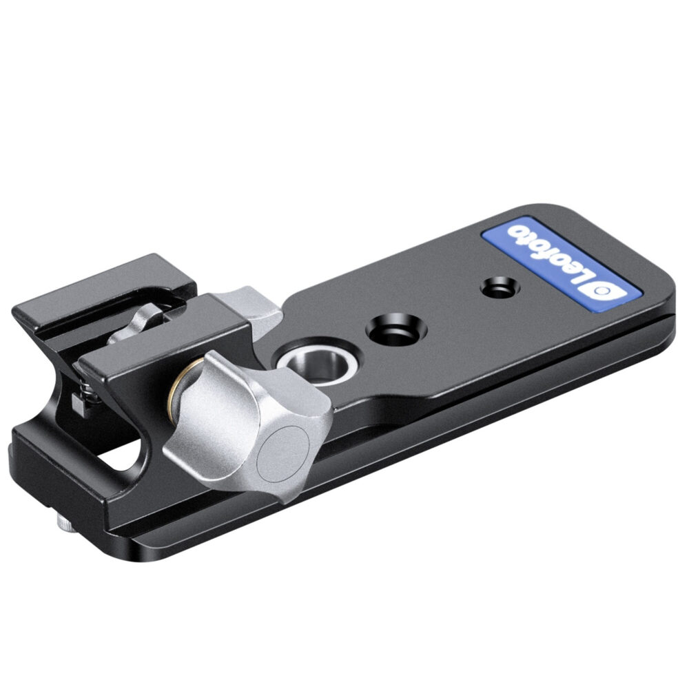 Leofoto NF‑01N objectiefvoet zijaanzicht met zichtbare 1/4- en 3/8-inch schroefgaten, verhoogde lenssteun en QD-aansluiting.