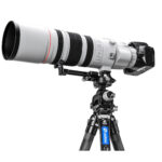 Leofoto EH‑01 objectiefvoet gebruikt onder grote witte telelens met camera op Leofoto statief voor maximale stabiliteit.