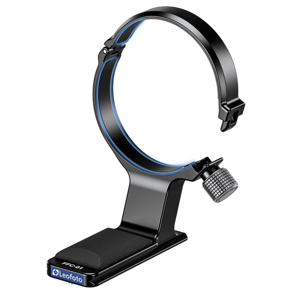 Leofoto FFC-01 Objectiefvoet statiefring met blauwe binnenvoering voor veilige grip rond de Fujifilm GF 100-200mm.