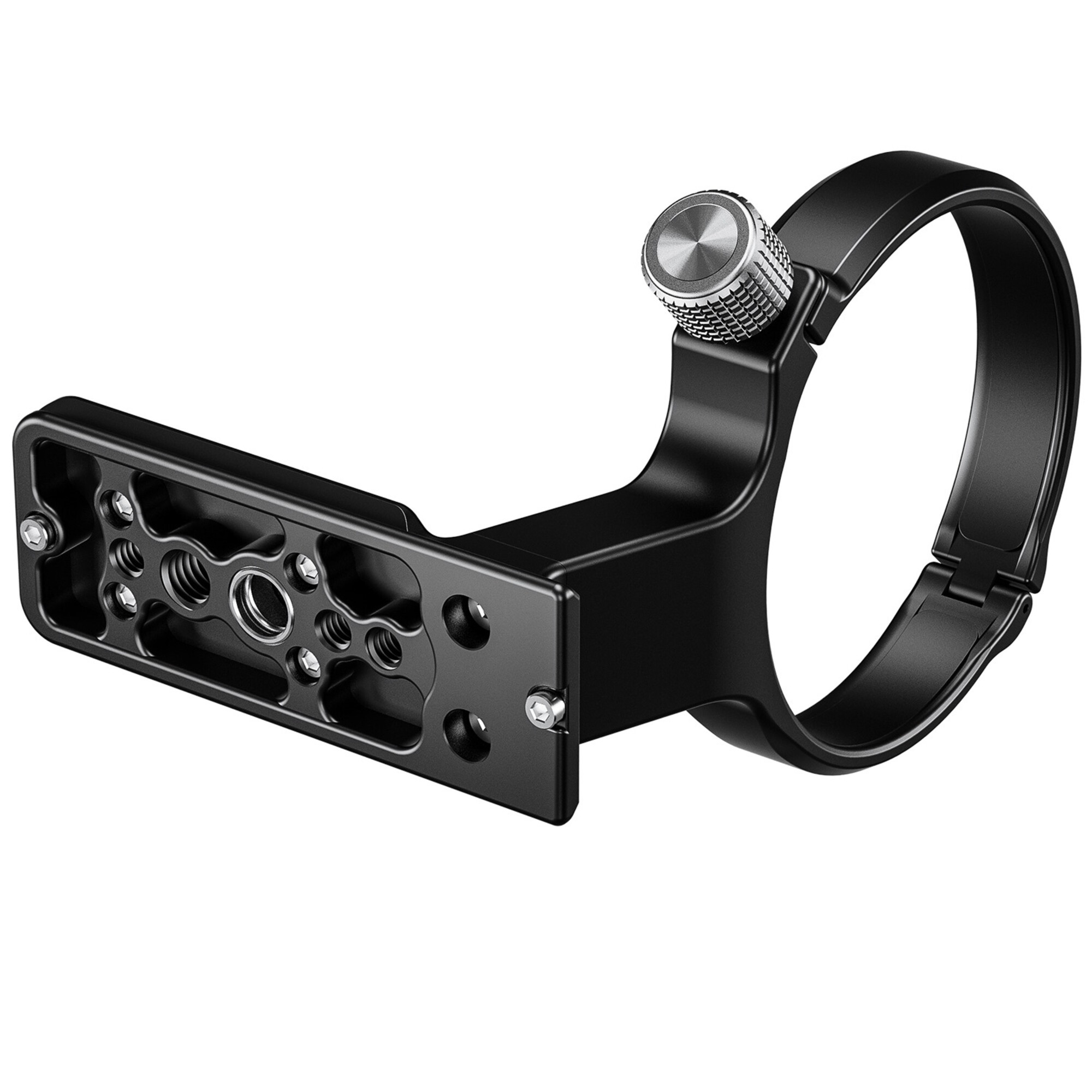 Leofoto TRFC‑01 objectiefvoet onderaanzicht met uitgefreesde lichtgewichtstructuur, 1/4- en 3/8-inch schroefgaten en QD-opening.