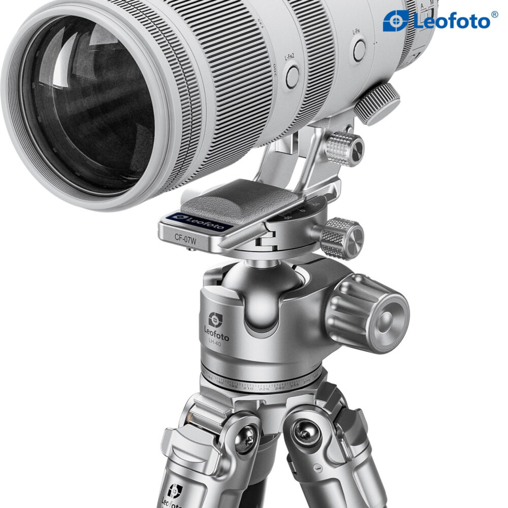 Leofoto CF-07W Objectiefvoet gemonteerd onder witte Canon RF telezoom op balhoofd voor stabiele en uitgebalanceerde ondersteuning.