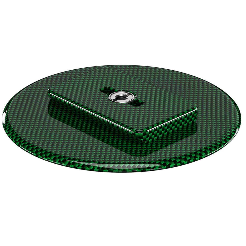 Leofoto LCH-0 Montageplaat groen carbon schijf in perspectief met meegeleverde 1/4-inch overzetadapter en centraal montagegat.