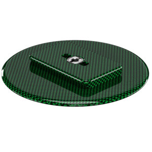 Leofoto LCH-0 Montageplaat groen carbon schijf in perspectief met meegeleverde 1/4-inch overzetadapter en centraal montagegat.
