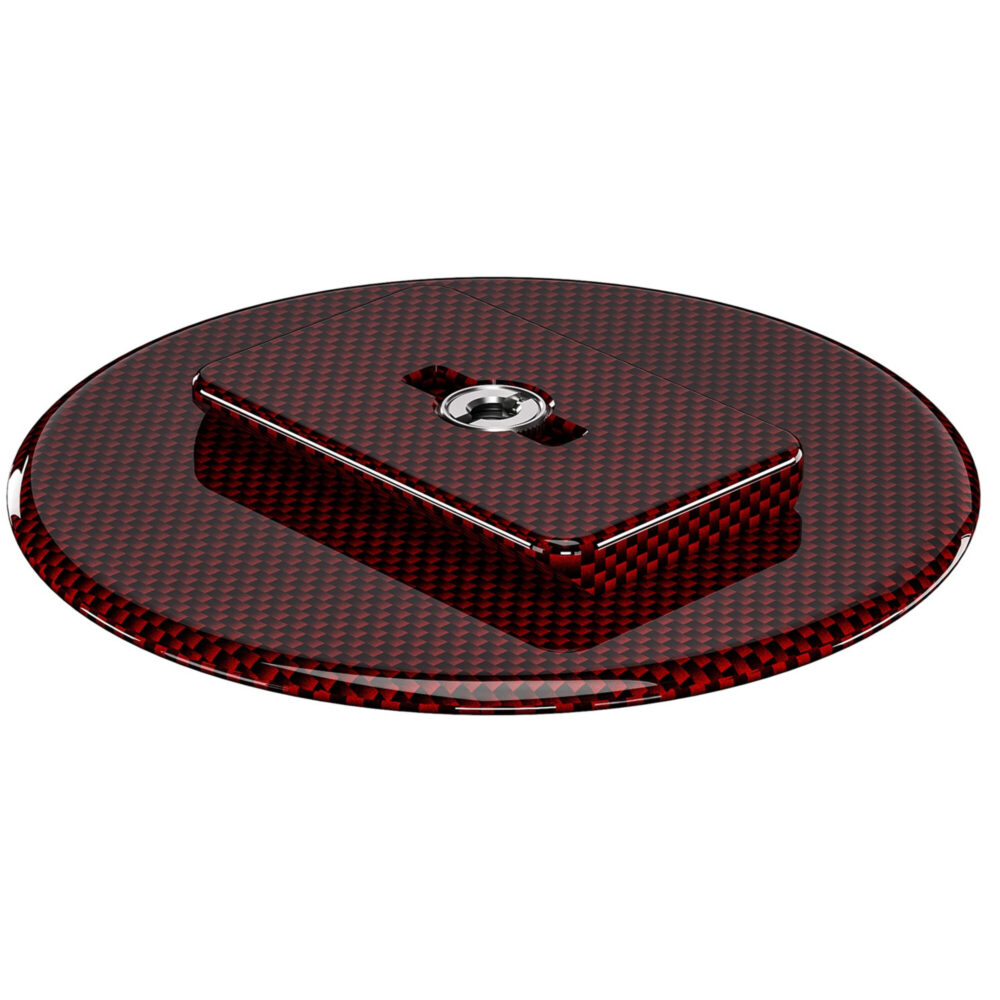 Leofoto LCH-0 Montageplaat rode carbon schijf in perspectief met meegeleverde 1/4-inch overzetadapter en montagegat.