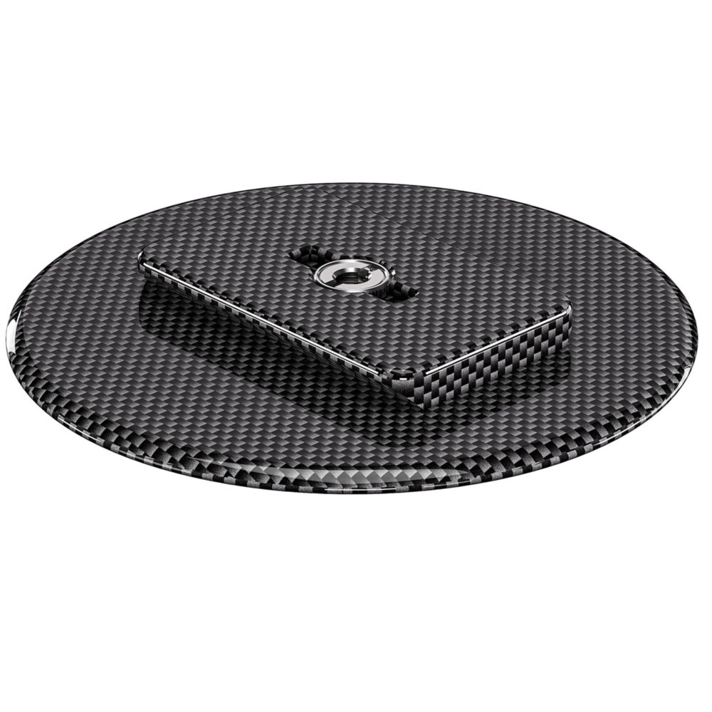 Leofoto LCH-0 Montageplaat zwarte carbon schijf in perspectief met meegeleverde 1/4-inch overzetadapter en montagegat.