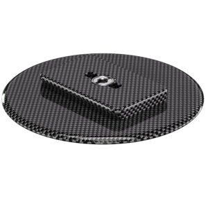 Leofoto LCH-0 Montageplaat zwarte carbon schijf in perspectief met meegeleverde 1/4-inch overzetadapter en montagegat.